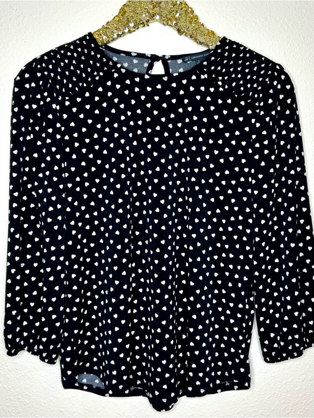Adrianna Papell Black Long-Sleeve Heart Print Blouse S